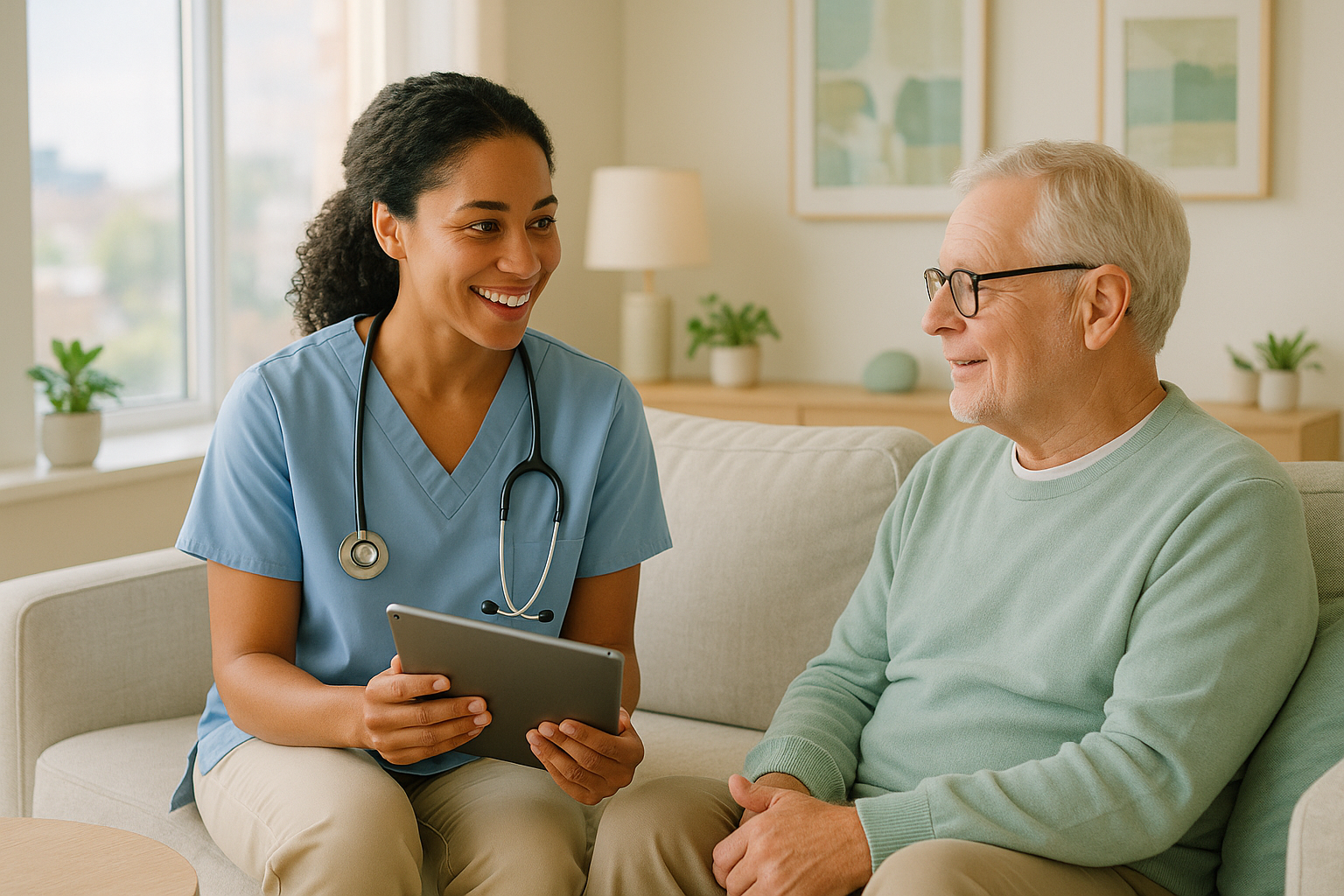 – A warm, modern healthcare scene — e.g. a caring provider visiting a patient at home, or a hybrid collage (home + telehealth + cityscape vibe).
– Keep it clean, not stock-cheesy. Light, bright tones with trust-building vibes.